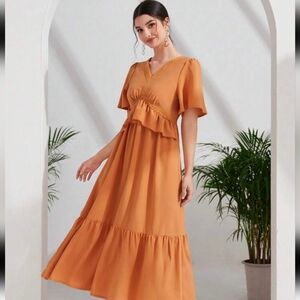 SHEIN Long Solid Ruffle Hem Dress Short Sleeves Large